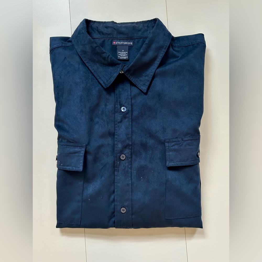 K NIGHTSBRIDGE MENS BLUE MICRO SUEDE LONG SLEEP BUTTON FRONT SHIRT XXL